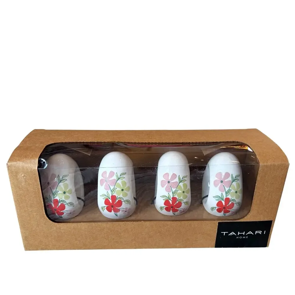 Tahari Home Ceramic Floral Easter Egg Napkin Rings 3in Set of 4 Spring Decor New